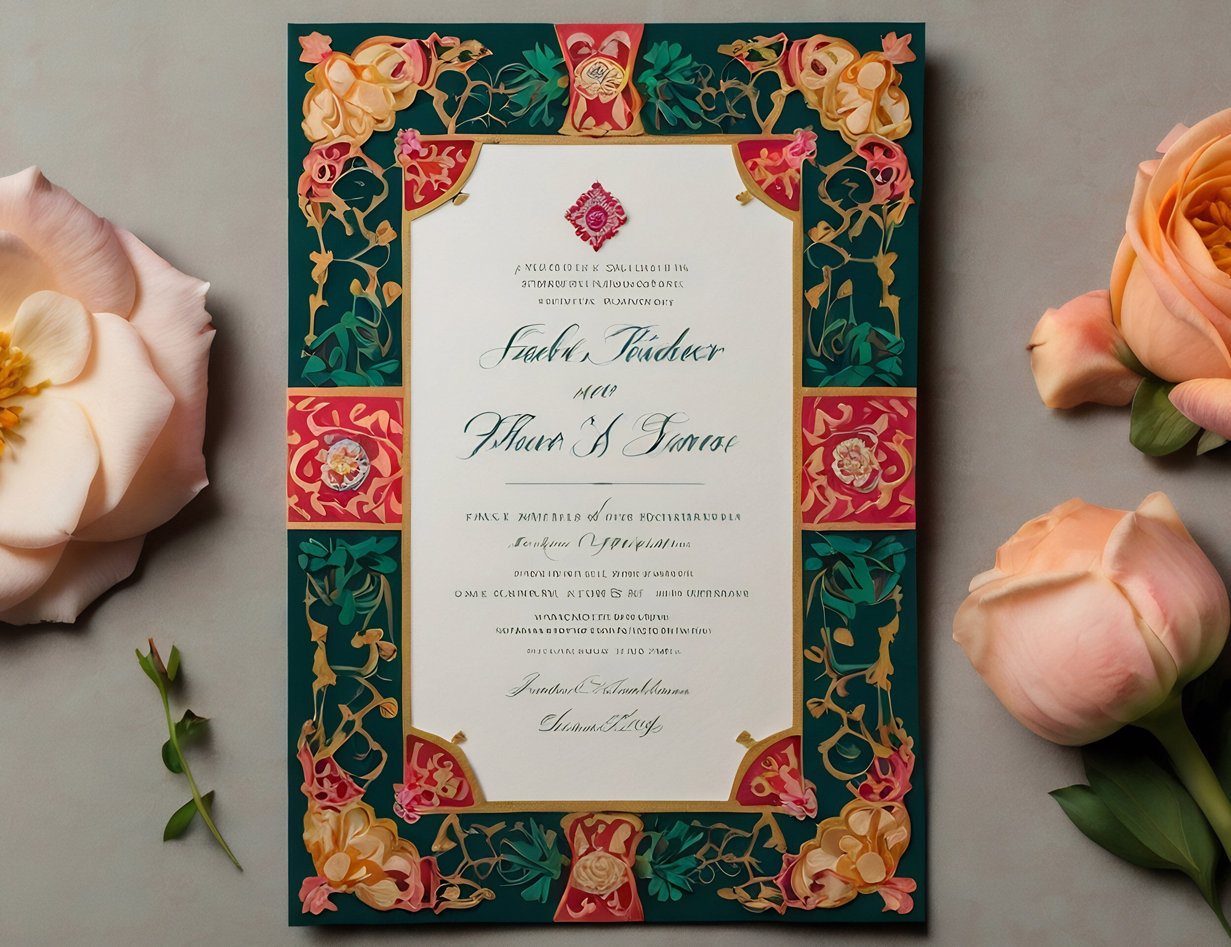  beautifully designed wedding invitation card with floral patterns and gold accents